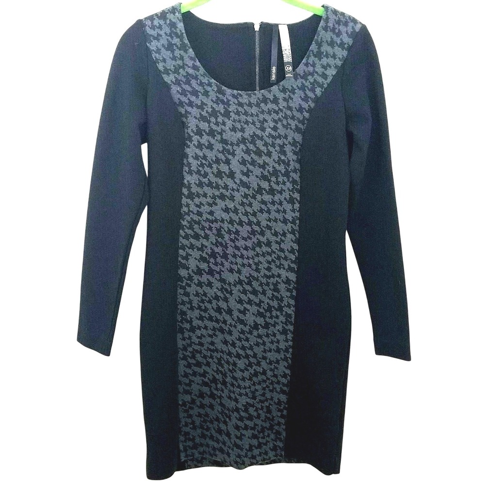 Kensie Knit Dress XS Gray Black Houndstooth Sheath Long Sleeve Stretch Preppy